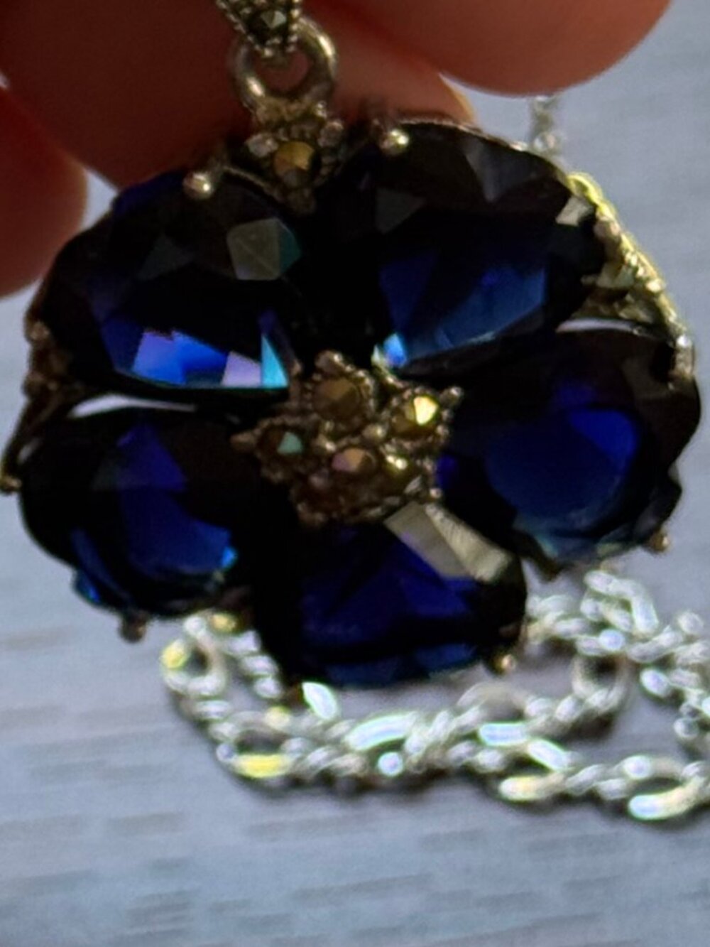 Sapphire and Marcasite Sterling Silver 925 Flower Necklace - Picture 5 of 5